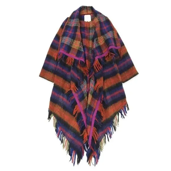 NEW Anthropologie Hei Hei Wool Plaid Tartan Fringe Blanket Coat Large Lagenlook - Picture 1 of 8